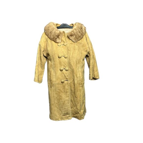 Vintage Genuine Leather Suede Mink Collar Coat S Camel - Picture 1 of 9
